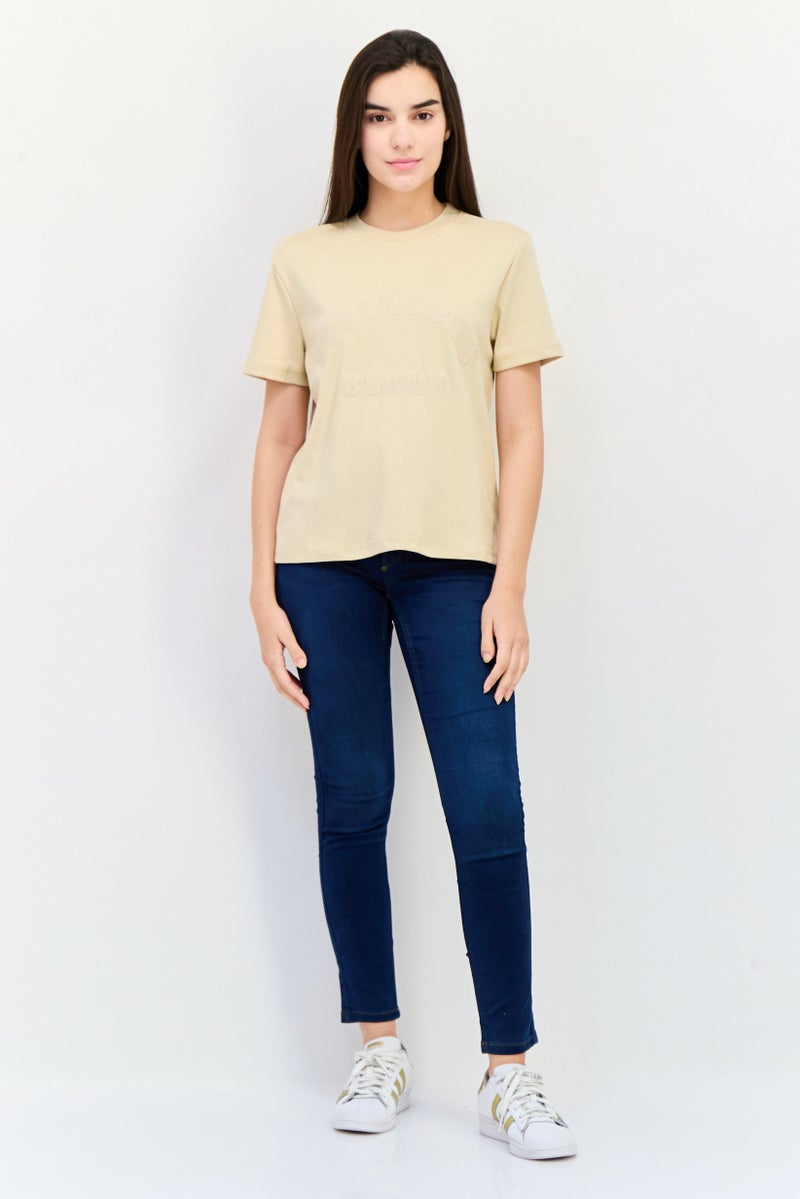 Blank Essentials Women Round Neck Short Sleeve Brand Logo T-Shirt, Beige - Image 4