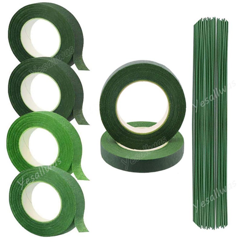 Yesallwas Floral Tape Stem Wrap 12 inch x 30 Yards 6 Rolls 2 shallow green 4 deep green with 50Pieces Dark Green Stem Wire Floral Wire 98 inch