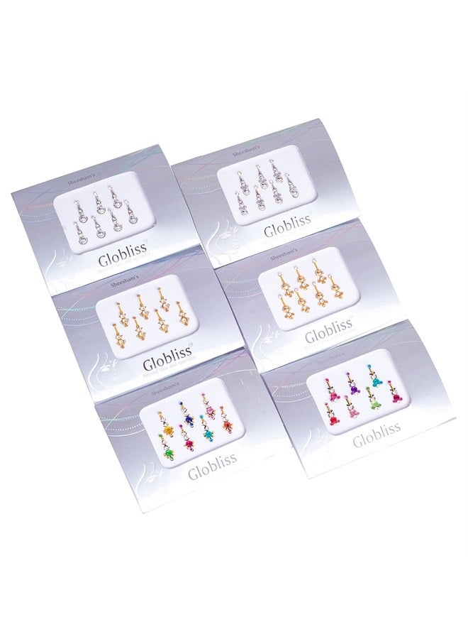 Globliss 6 Packs with 42 Long Indian Bindis face Gems Forehead Sticker Silver Golden Colorful - Image 1
