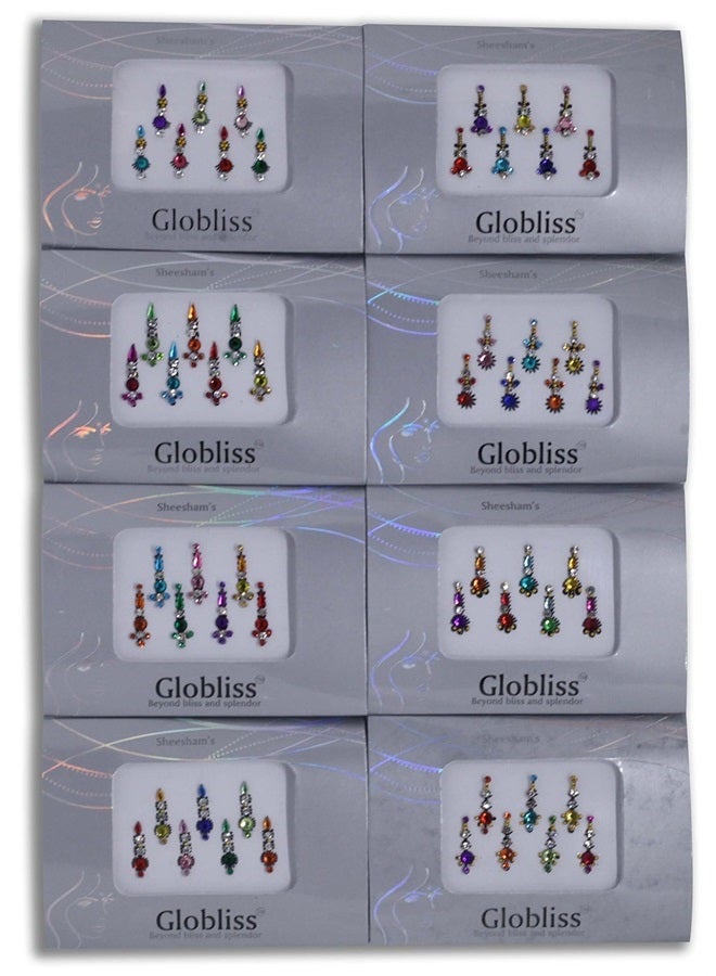 Globliss 6 Packs with 42 Long Indian Bindis face Gems Forehead Sticker Silver Golden Colorful - Image 3