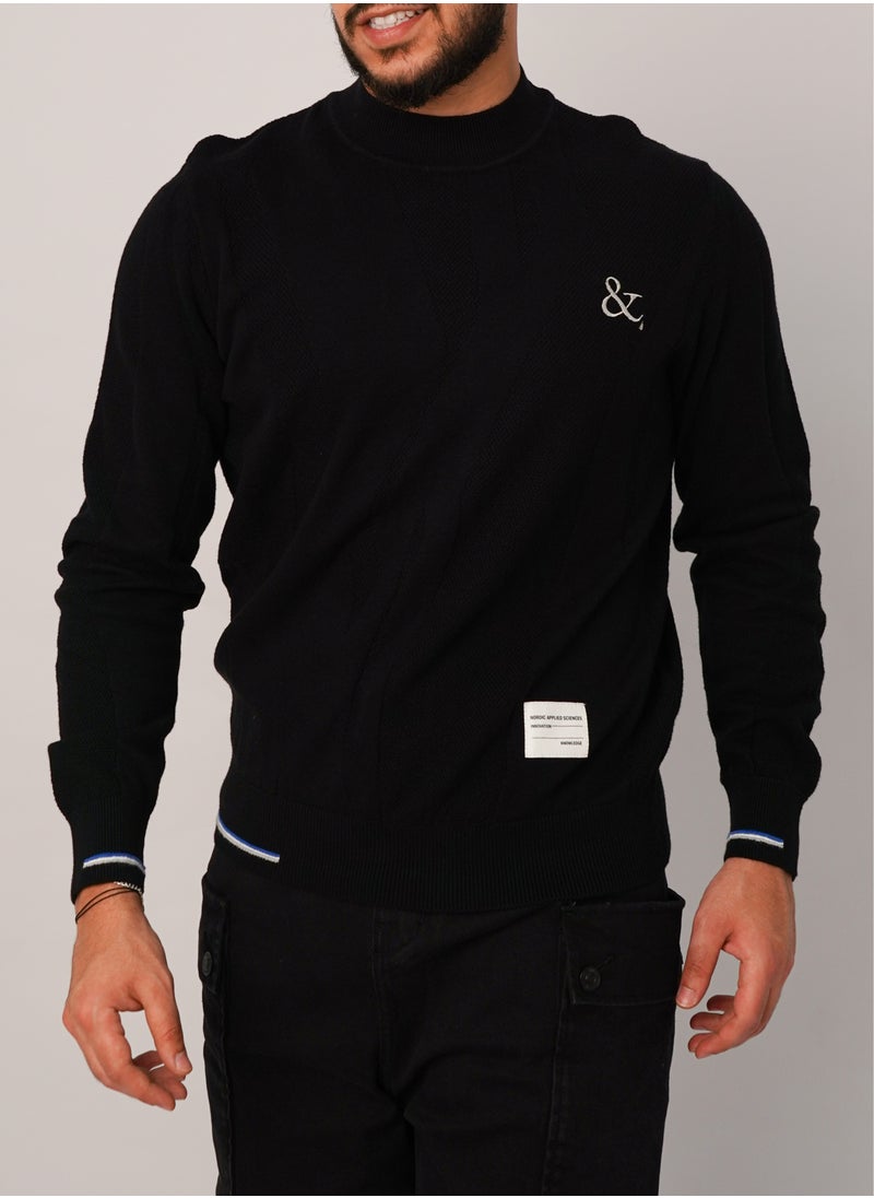 JACK & JONES - Men’s Embroidered Crew Neck Long Sleeves Pullover in Pure Black - Image 1