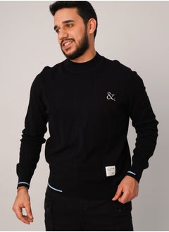 Men’s Embroidered Crew Neck Long Sleeves Pullover in Pure Black