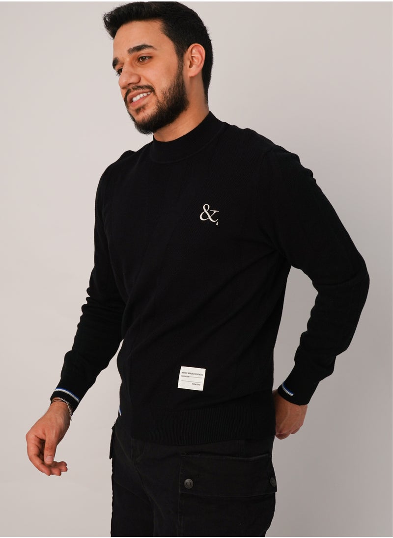 JACK & JONES - Men’s Embroidered Crew Neck Long Sleeves Pullover in Pure Black - Image 1