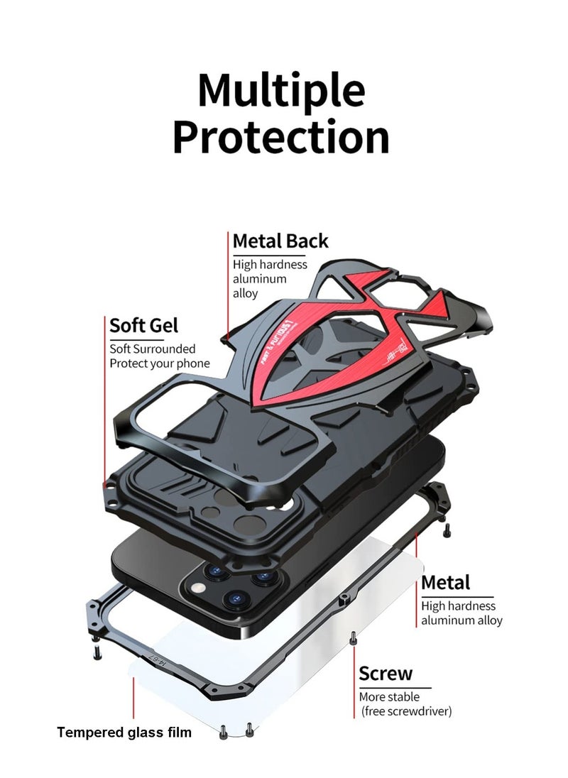 Aookay - 1+1 Metal Case for iPhone 13 Pro Max, with 1 Tempered Glass Screen Protector, Aluminum Metal Shockproof Case Full Body Protection Heavy Duty Armor Hard Case (Black) - Image 1