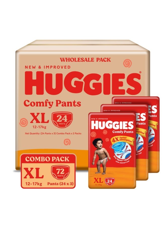 Huggies Comfy Pants Baby Diaper, Extra Large (XL) Size (12-17 Kgs), Pack of 72 (24 Count, Pack of 3)
