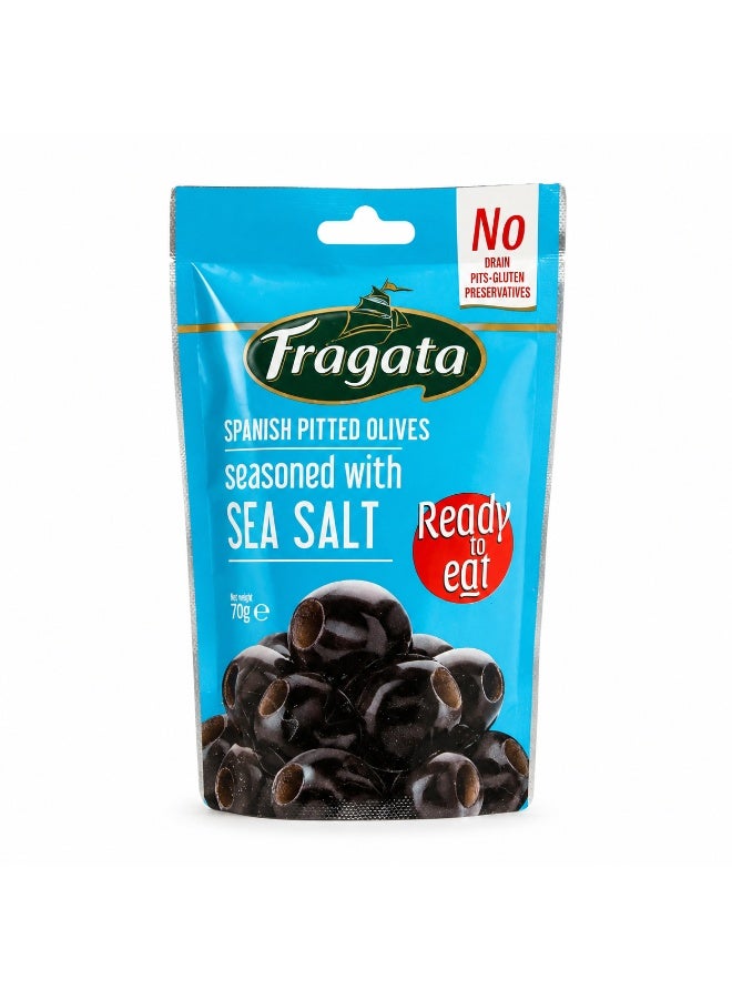 Fragata Spanish Pitted Black Olives Seasoned With Sea Salt Hojiblanca Ready To Eat No Drain No Preservatives Product Of Spain Since 1925 Sachet 70 g - Image 1