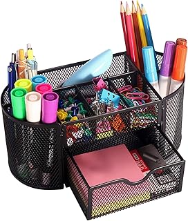 Comix Pen Holder, Mesh Desk Organizers with 8 Compartments and 1 Drawer, Oval Shaped Pencil Holder for Home School - Image 1