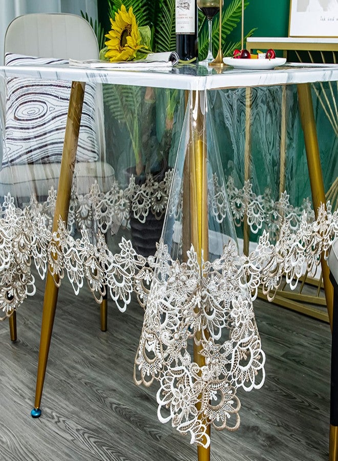 Jeloris Plastic Clear Rectangle Tablecloth Vinyl PVC Waterproof Tablecloth Embroidered Lace Edge Transparent Table Cover for Kitchen Dining Coffee Table (43x62 inch, Khaki Flora) - Image 1