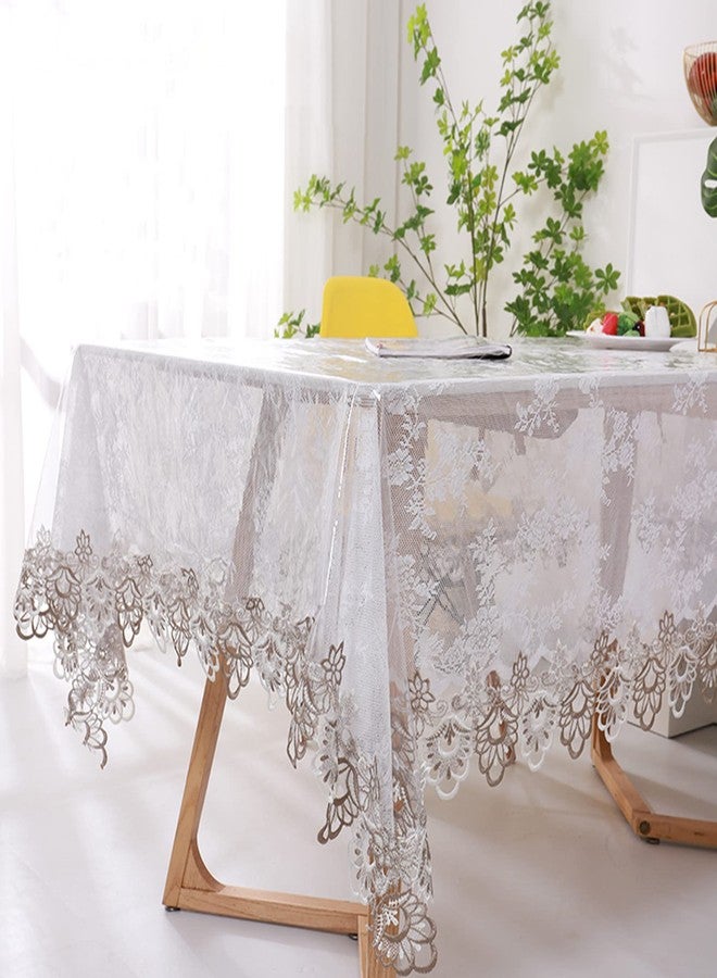 Jeloris Plastic Clear Rectangle Tablecloth Vinyl PVC Waterproof Tablecloth Embroidered Lace Edge Transparent Table Cover for Kitchen Dining Coffee Table (43x62 inch, Khaki Flora) - Image 2