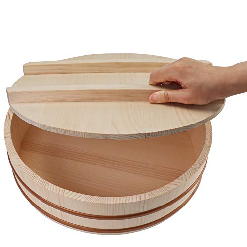 Kichgather Wooden Sushi Rice Bowl with Lid Hangiri Sushi Oke Sushi Rice Mixing Tub (10.6 “ with lid) - Image 5