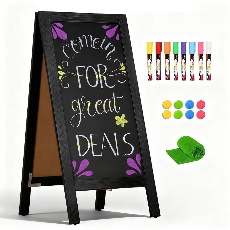 4 THOUGHT A-Frame Double-Sided Magnetic Chalkboard 40"x20", Solid Pine Wood Freestanding Sandwich Board for Restaurants, Cafes, Weddings (Black) - Image 1