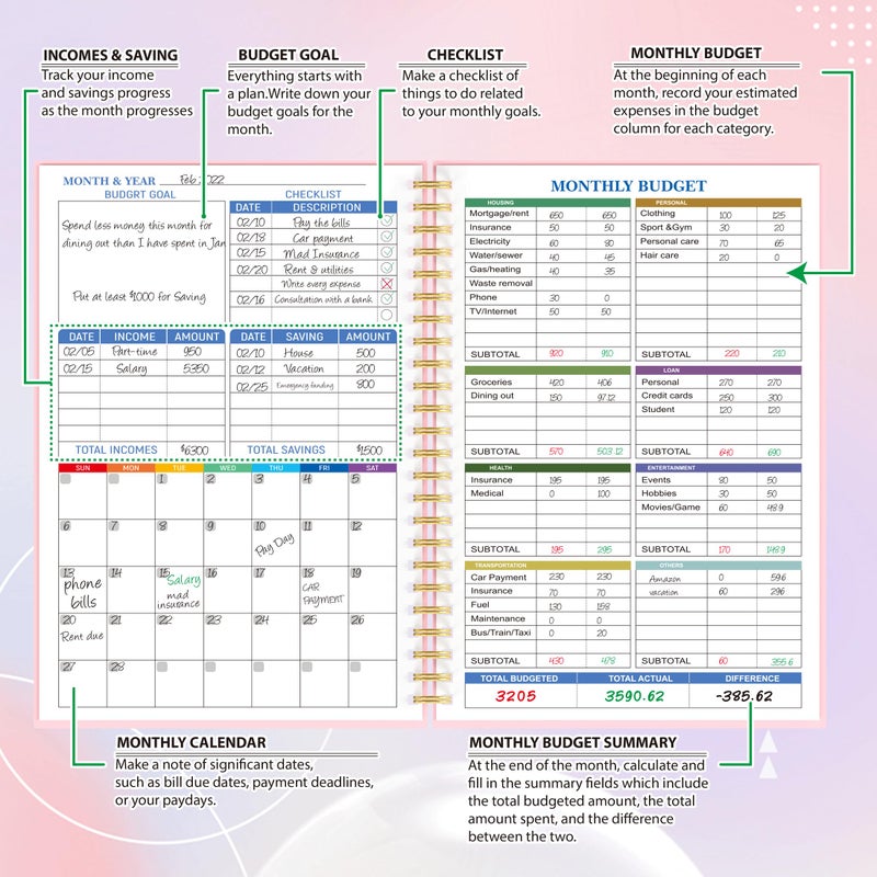 snootion Budget Planner - Monthly Finance Organizer with Expense Tracker Notebook to Manage Your Money Effectively, Undated Finance Planner/Account Book, Start Anytimem,A5(8.6x5.9 inchs),100gsm Paper - Pink - Image 3
