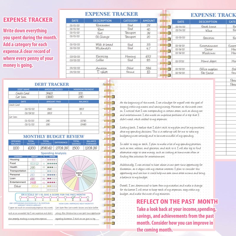 snootion Budget Planner - Monthly Finance Organizer with Expense Tracker Notebook to Manage Your Money Effectively, Undated Finance Planner/Account Book, Start Anytimem,A5(8.6x5.9 inchs),100gsm Paper - Pink - Image 4