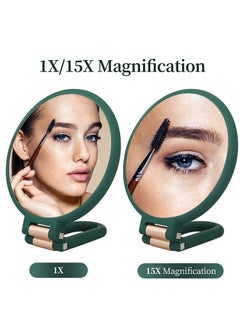 Y&D Magnifying Hand Held Mirror, Double Side Folding Mirror for Women with Adjustable Handle, Travel Table Desk Shaving Bathroom Cosmetic Mirrors Handheld Portable 1X 15X (Green)  - Image 2