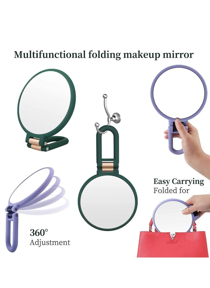 Magnifying Hand Held Mirror, Double Side Folding Mirror for Women with Adjustable Handle, Travel Table Desk Shaving Bathroom Cosmetic Mirrors Handheld Portable 1X 15X (Green)