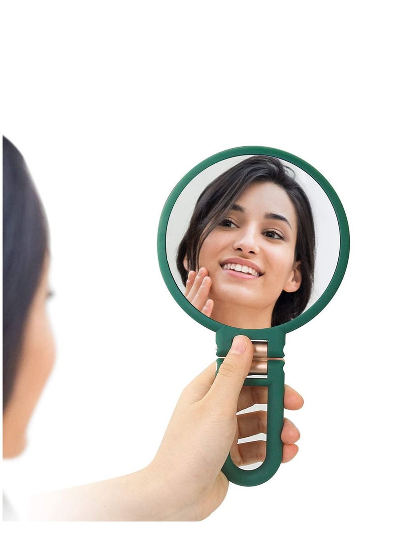 Magnifying Hand Held Mirror, Double Side Folding Mirror for Women with Adjustable Handle, Travel Table Desk Shaving Bathroom Cosmetic Mirrors Handheld Portable 1X 15X (Green)