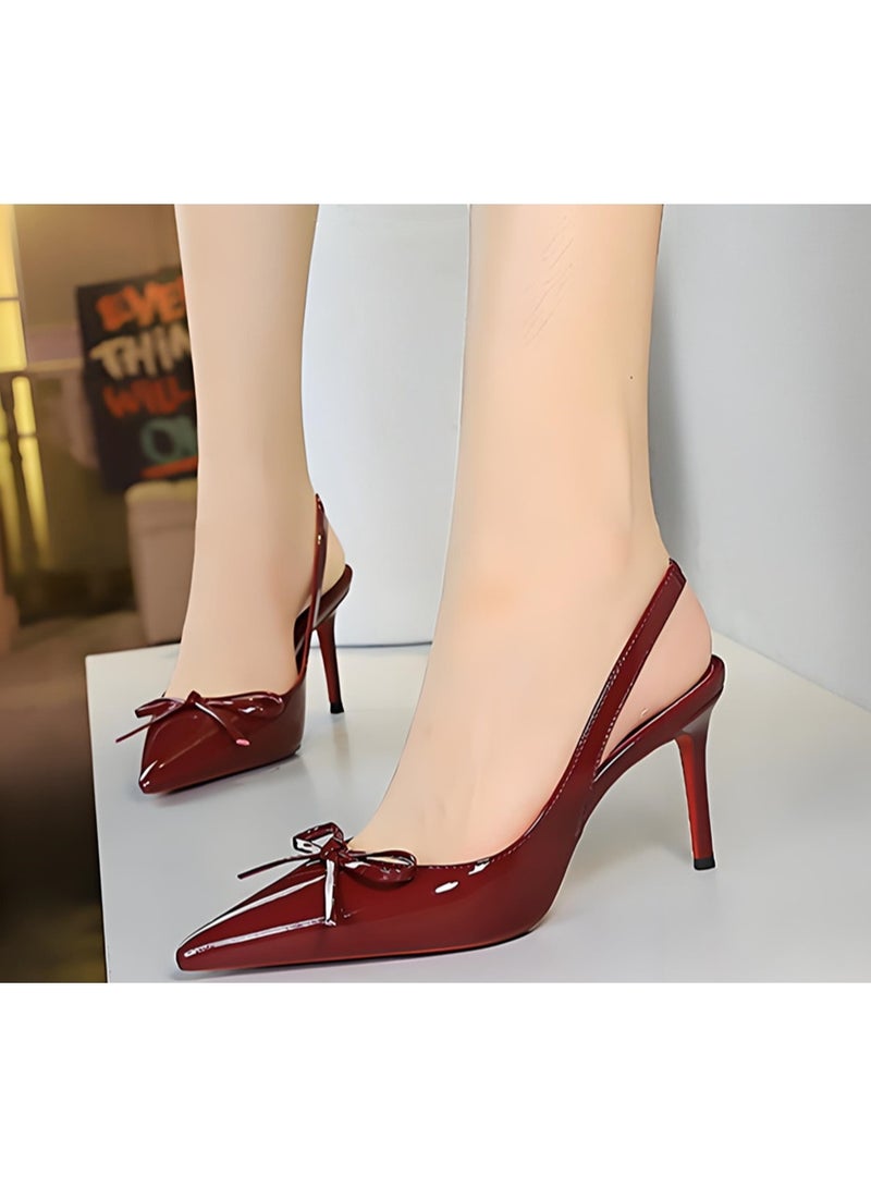 بيج تري المرأة قوس مغلق موجهة إصبع القدم مضخات سلينغباك كعب عالي الصنادل النبيذ الأحمر 8CM - Image 3