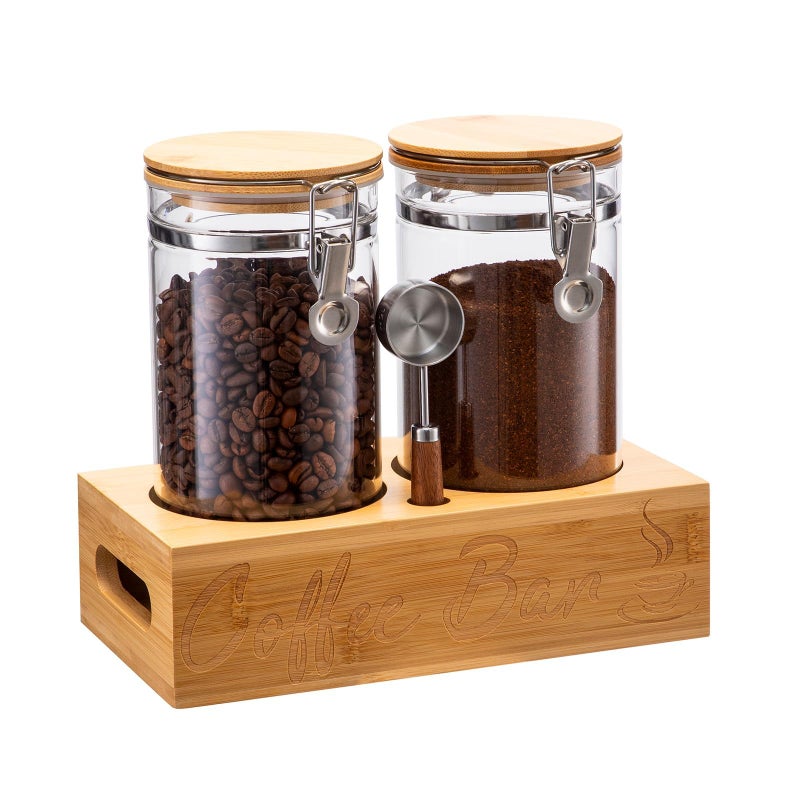 Spreccio Coffee Canister Set with Shelf, 2 x 50oz Coffee Bean Canister Storage Station for Ground Beans, Sugar and Coffee Jar with Scoop, Countertop Coffee Storage for Coffee Bar or Kitchen - Image 1