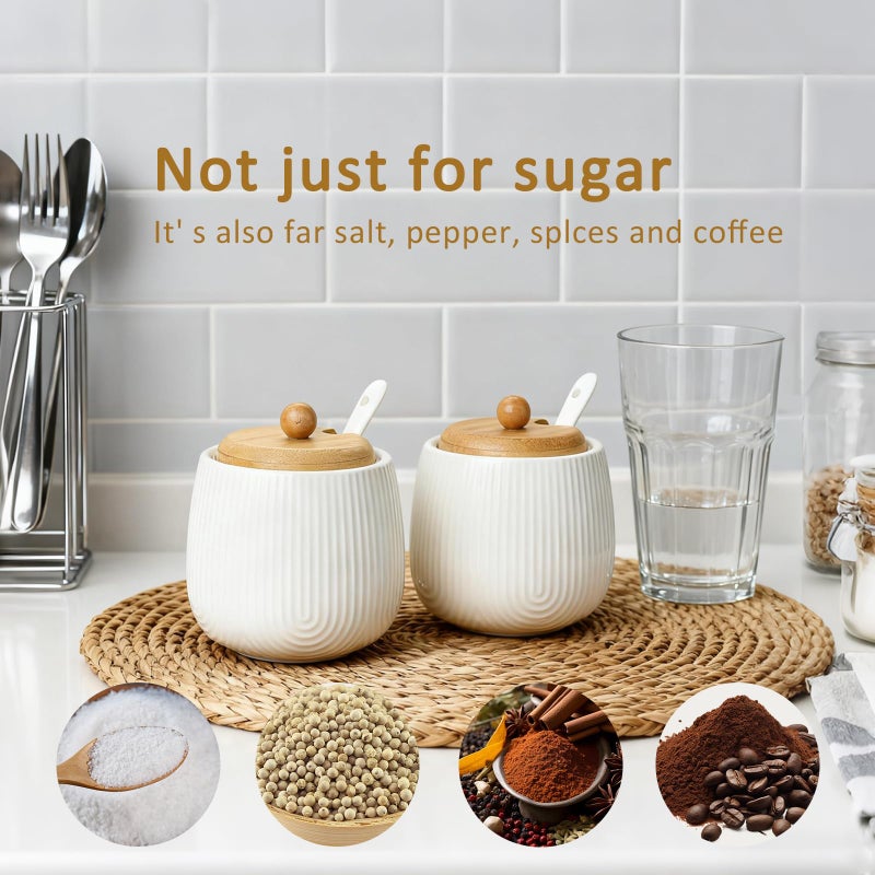 Sailench Sugar Bowl Set of 2,Ceramic Sugar Bowl with Lid and Spoon,Sugar Jar Seasoning Container Set for Coffee Bar Kitchen Home (2, White) - Image 3