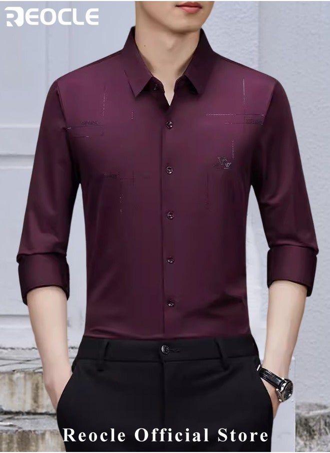 REOCLE - Men's Business Slim Fit Shirt Official Long Sleeve Stretch Dress Shirt Wrinkle-Free Regular Fit Button Down Shirts - Image 1