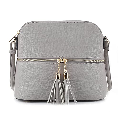 SG SUGU Lunar Lightweight Medium Dome Crossbody Bag Shoulder Bag with Double Tassels | Zipper Pocket | Adjustable Strap|Grey - Image 4