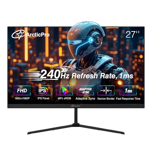 ArcticPro 27 inch Gaming Monitor 240Hz, FHD 1080p, IPS Panel, 1ms Response Time, Adaptive sync, PC Computer Monitor, 3-Sided Frameless, Ultra Slim, 120% sRGB, Bluelight Filter, HDMI & DP Ports,Black - Image 1