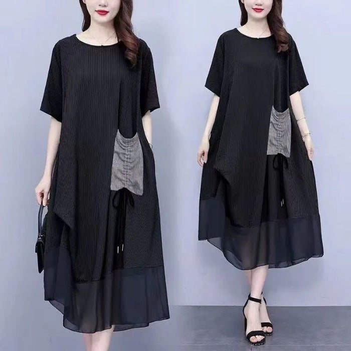 dress plus fat plus size womens 200kg chubby girl summer slim meat cover belly fat long skirt Black AM V31#