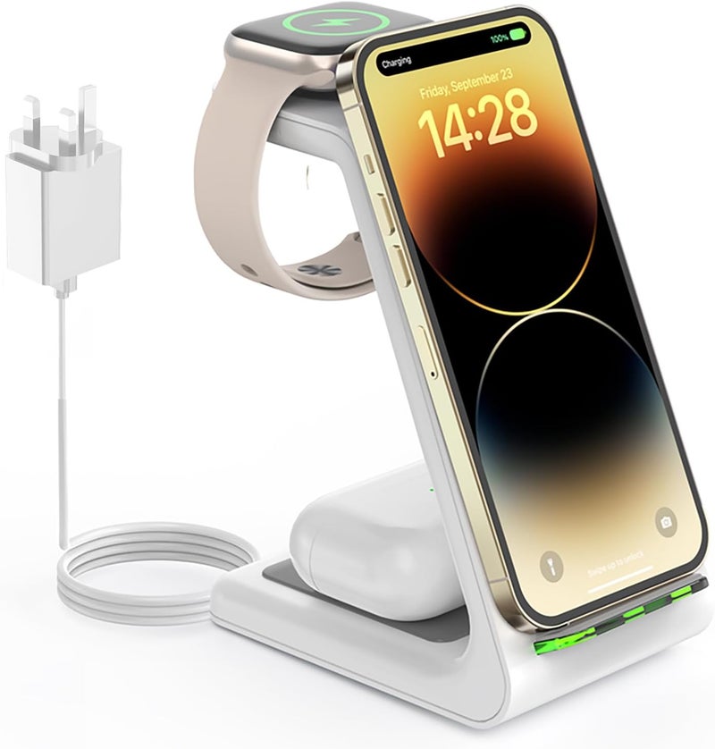 محطة شحن لاسلكي 3 في 1 من لأجهزة Apple، حامل شحن لاسلكي سريع لـ iPhone 17 16 15 14 13 12 11 Pro Max Plus XR XS X، Apple Watch Ultra/11/10/9/SE/8/7/6/5/4/3/2، AirPods Pro/4/3/2 - Image 1