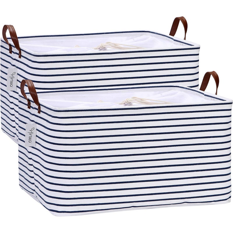 Hinwo 70L Extra Large Storage Bins 2Pack Closet Organizers and Storage Foldable Clothes Storage Baskets with Handles Containers for Clothing Blanket Comforters Toys Bedding Navy Stripe