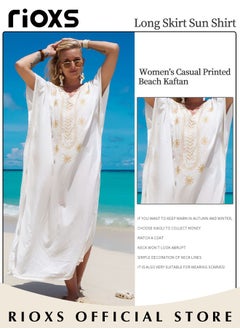 RIOXS Women's Casual Beach Kaftan Dress with Tunic Maxi Dress Style and Embroidery Design, Elegant Comfortable Short Sleeve Caftan, Bikini Swimsuit Cover Up, Side Split Kaftan Dress, Suitable for Party, Daily Wear, Swimming Pool and Beach  - Image 2