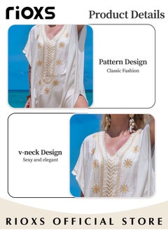 RIOXS Women's Casual Beach Kaftan Dress with Tunic Maxi Dress Style and Embroidery Design, Elegant Comfortable Short Sleeve Caftan, Bikini Swimsuit Cover Up, Side Split Kaftan Dress, Suitable for Party, Daily Wear, Swimming Pool and Beach  - Image 4