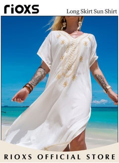 RIOXS Women's Casual Beach Kaftan Dress with Tunic Maxi Dress Style and Embroidery Design, Elegant Comfortable Short Sleeve Caftan, Bikini Swimsuit Cover Up, Side Split Kaftan Dress, Suitable for Party, Daily Wear, Swimming Pool and Beach  - Image 3