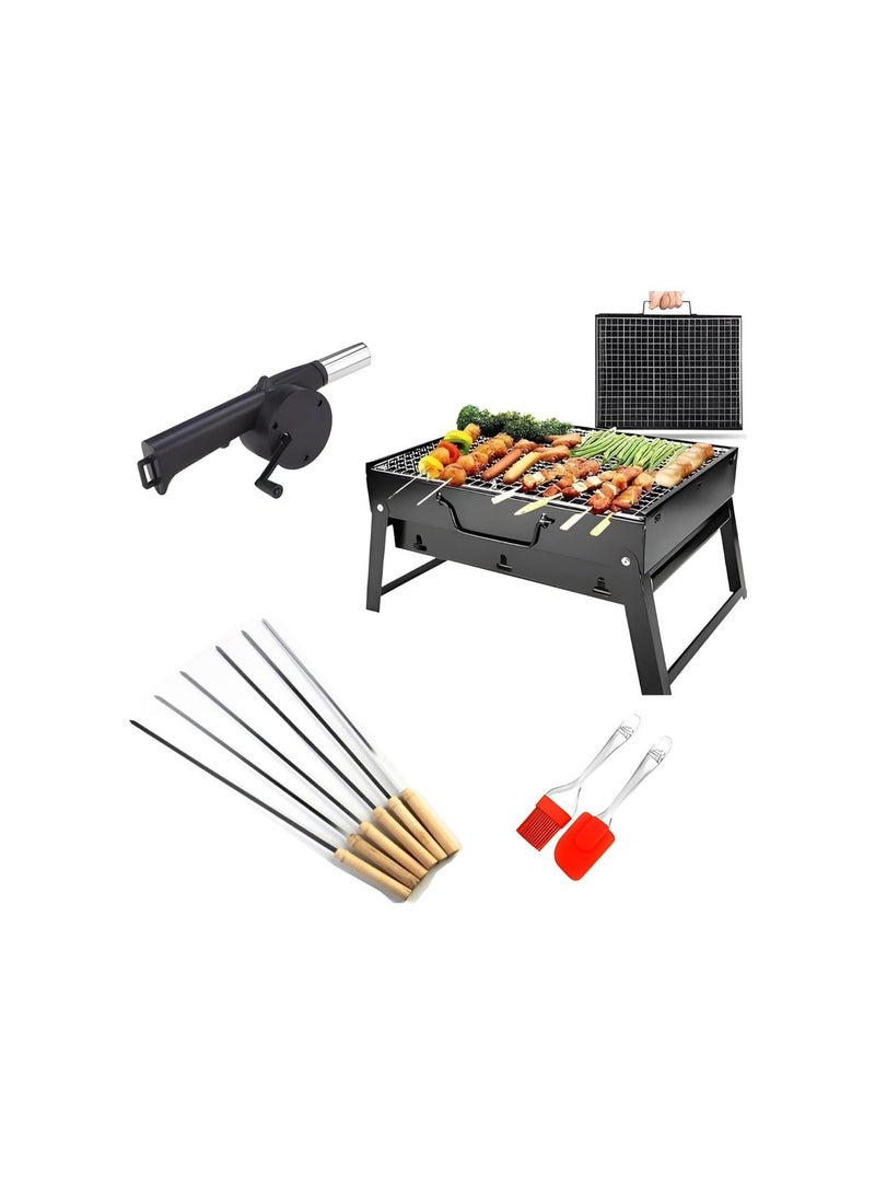 Black Foldable Charcoal Grill with 6 Skewers, 2 Stirring Spoons and Portable Fan - Outdoor BBQ and Camping Kit