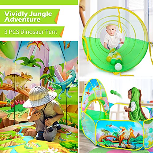 GeerWest 3PC Dinosaur Tent for Girls with Kids Ball Pit Kids Play Tents and Crawl Tunnel for Toddlers Pink Pop Up Playhouse Toys for Baby Indoor Outdoor Tent Games Birthday Kids Gifts - Image 5