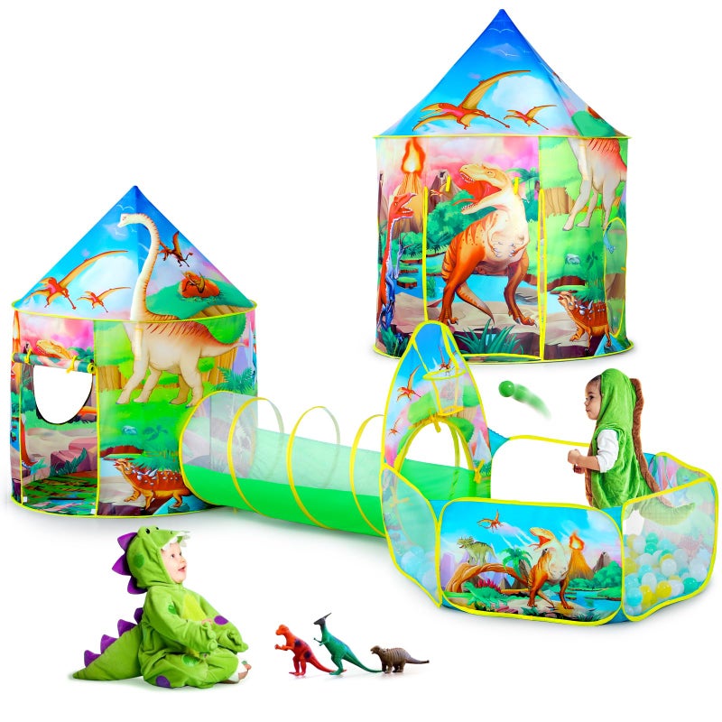 GeerWest 3PC Dinosaur Tent for Girls with Kids Ball Pit Kids Play Tents and Crawl Tunnel for Toddlers Pink Pop Up Playhouse Toys for Baby Indoor Outdoor Tent Games Birthday Kids Gifts - Image 3