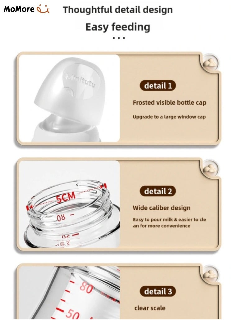 Minitutu - Wide-Neck Anti-Colic Glass Feeding Bottle With Breast-Like Nipples, 80 ML, 0 Months + - Image 1