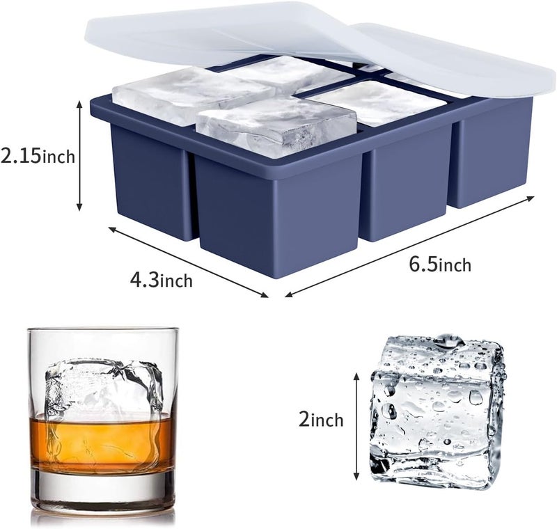 FDDBI Large Ice Cube Tray for Whiskey: Silicone Ice Cube Trays with Lid - 2Pack Big Square Old Fashioned Ice Cube Maker for Cocktail - 2inch Huge Cubed Ice Trays for Whisky - Image 5