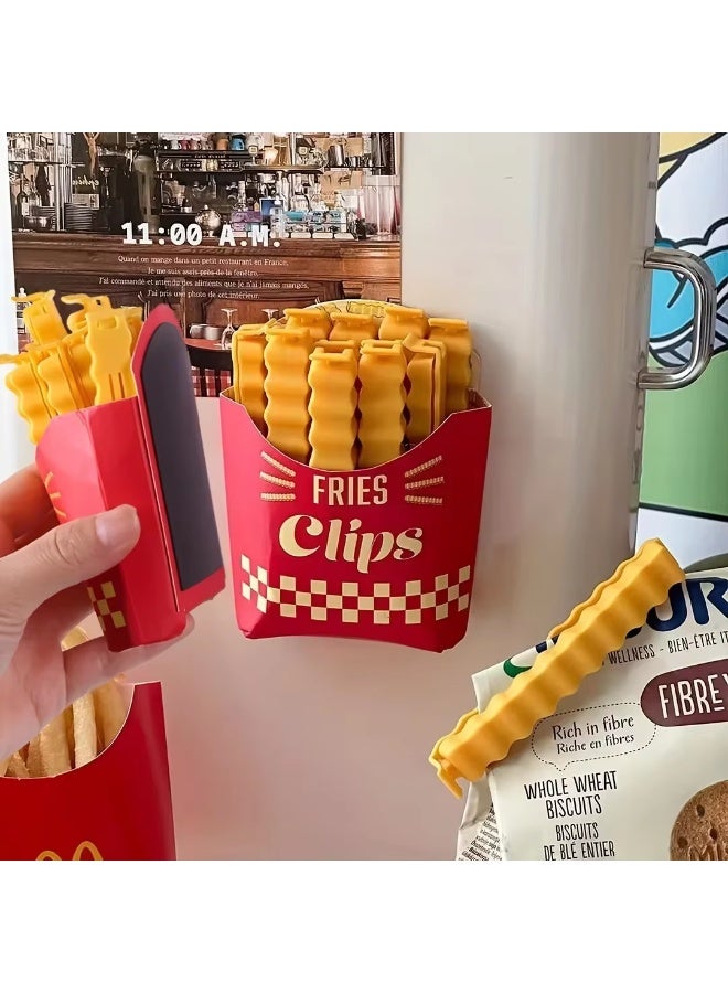 French fry-themed food bag sealing clips with storage holder; plastic clips for sealing pasta, baked goods, and snack bags, keeping food dry. - Image 1