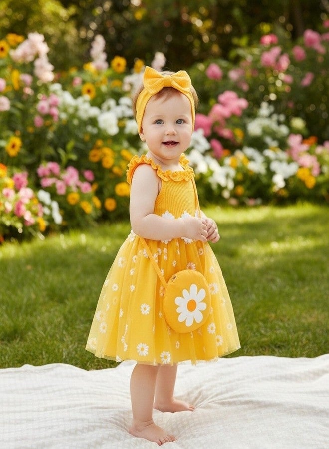Renotemy Infant Baby Girl Flower Tutu Tulle Dress Yellow Daisy Princess Fairy Halter Dresses Frocks for 1st Birthday Party Wedding Guest Shower Gifts Photography with Bag & Headband 6-12 Months - Image 2
