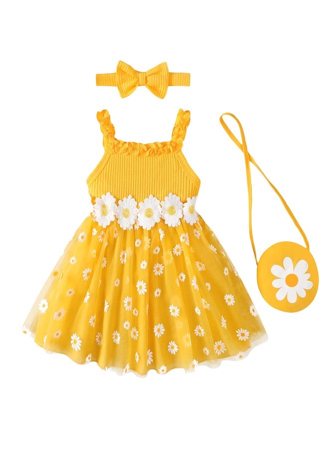 Renotemy Infant Baby Girl Flower Tutu Tulle Dress Yellow Daisy Princess Fairy Halter Dresses Frocks for 1st Birthday Party Wedding Guest Shower Gifts Photography with Bag & Headband 6-12 Months - Image 1
