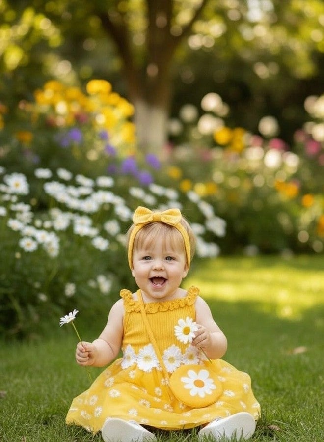 Renotemy Infant Baby Girl Flower Tutu Tulle Dress Yellow Daisy Princess Fairy Halter Dresses Frocks for 1st Birthday Party Wedding Guest Shower Gifts Photography with Bag & Headband 6-12 Months - Image 4