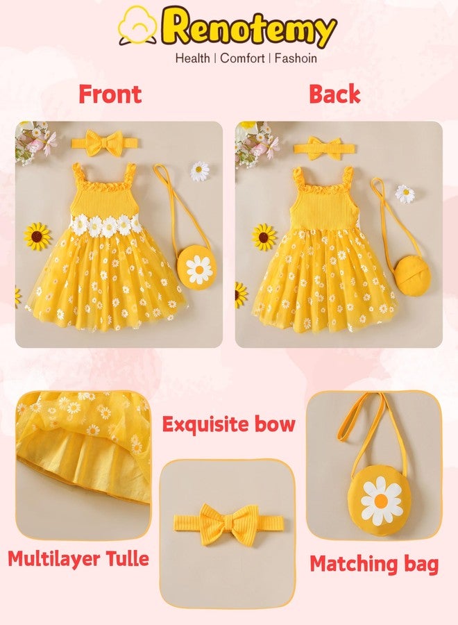 Renotemy Infant Baby Girl Flower Tutu Tulle Dress Yellow Daisy Princess Fairy Halter Dresses Frocks for 1st Birthday Party Wedding Guest Shower Gifts Photography with Bag & Headband 6-12 Months - Image 5