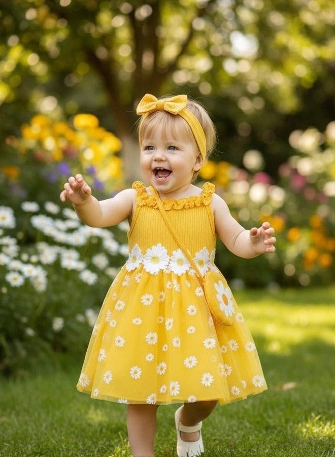 Renotemy Infant Baby Girl Flower Tutu Tulle Dress Yellow Daisy Princess Fairy Halter Dresses Frocks for 1st Birthday Party Wedding Guest Shower Gifts Photography with Bag & Headband 6-12 Months - Image 3