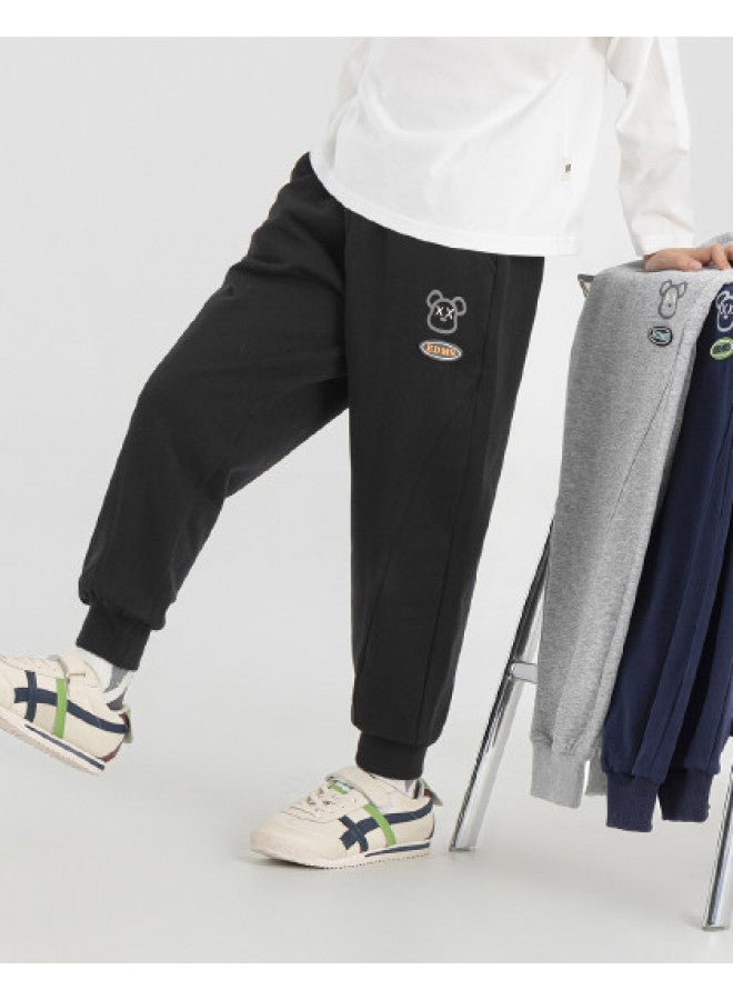 BOY S Hooded Pants With Fun Bear Print, Spring/autumn 2025 New Style, Soft And Comfortable Casual Trousers For Kids - Image 1