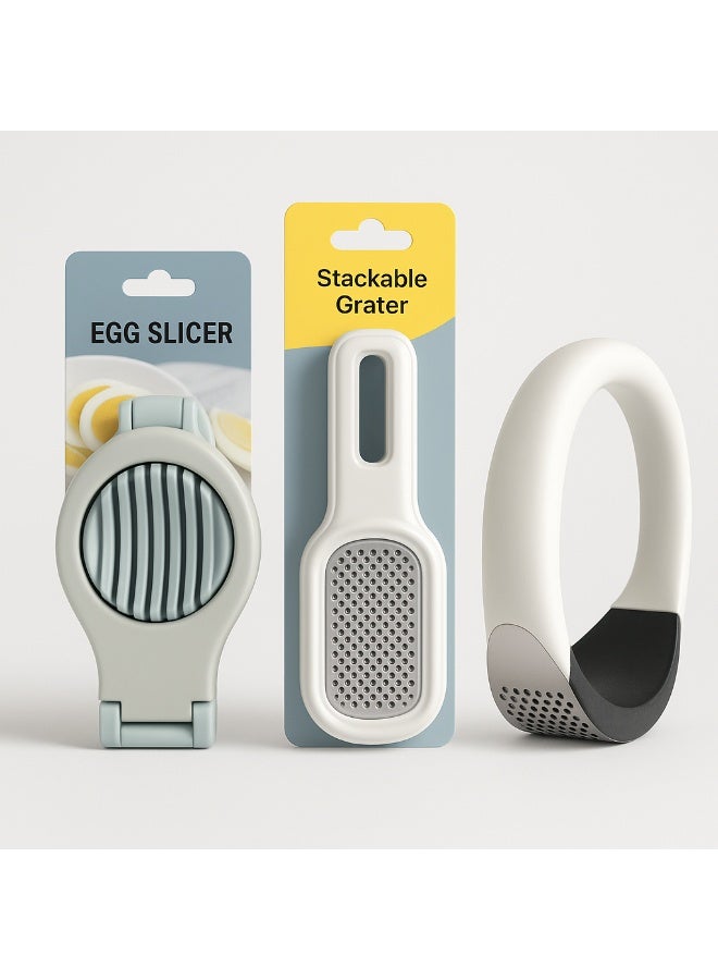 3-Piece Kitchen Tool Set – Egg Slicer, Handheld Grater, Ergonomic Garlic Press – Food-Grade, Stainless Steel, Compact & Easy to Clean – Meal Prep Gadgets for Home Cooks - Image 1