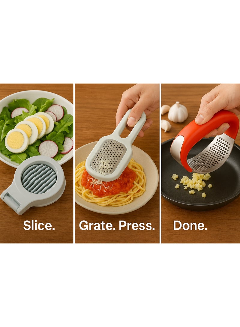 3-Piece Kitchen Tool Set – Egg Slicer, Handheld Grater, Ergonomic Garlic Press – Food-Grade, Stainless Steel, Compact & Easy to Clean – Meal Prep Gadgets for Home Cooks - Image 4