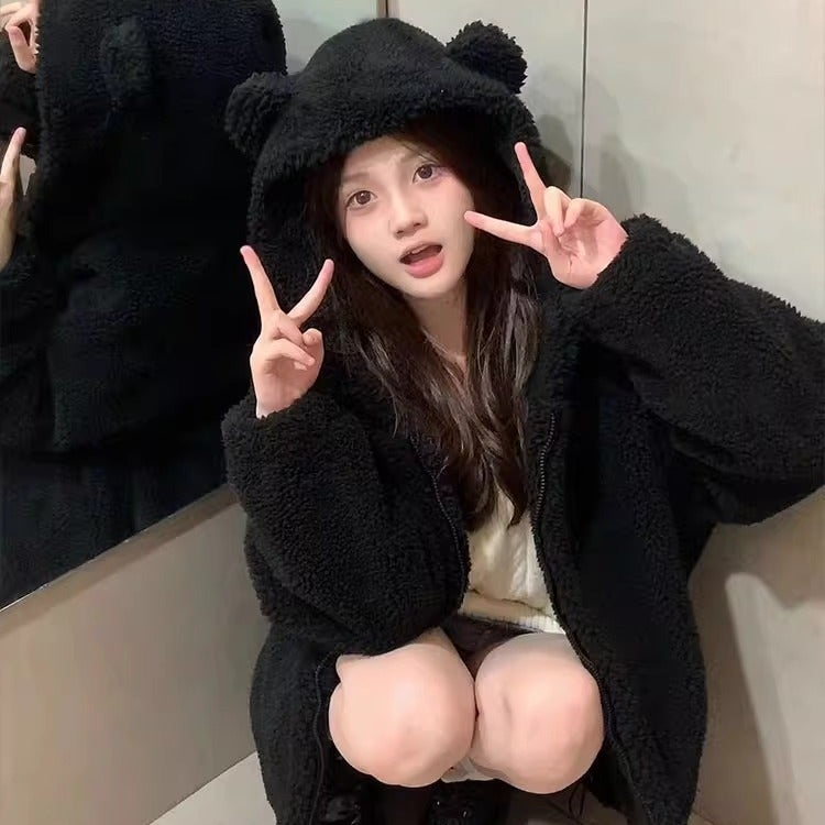 Young lamb fur bear ear hooded fur coat for women 2024 autumn and winter New thickened plush coat Black - Image 3