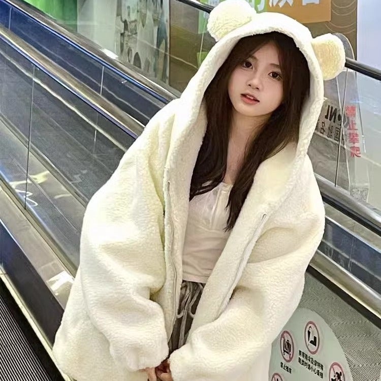 Young lamb fur bear ear hooded fur coat for women 2024 autumn and winter New thickened plush coat Black - Image 5