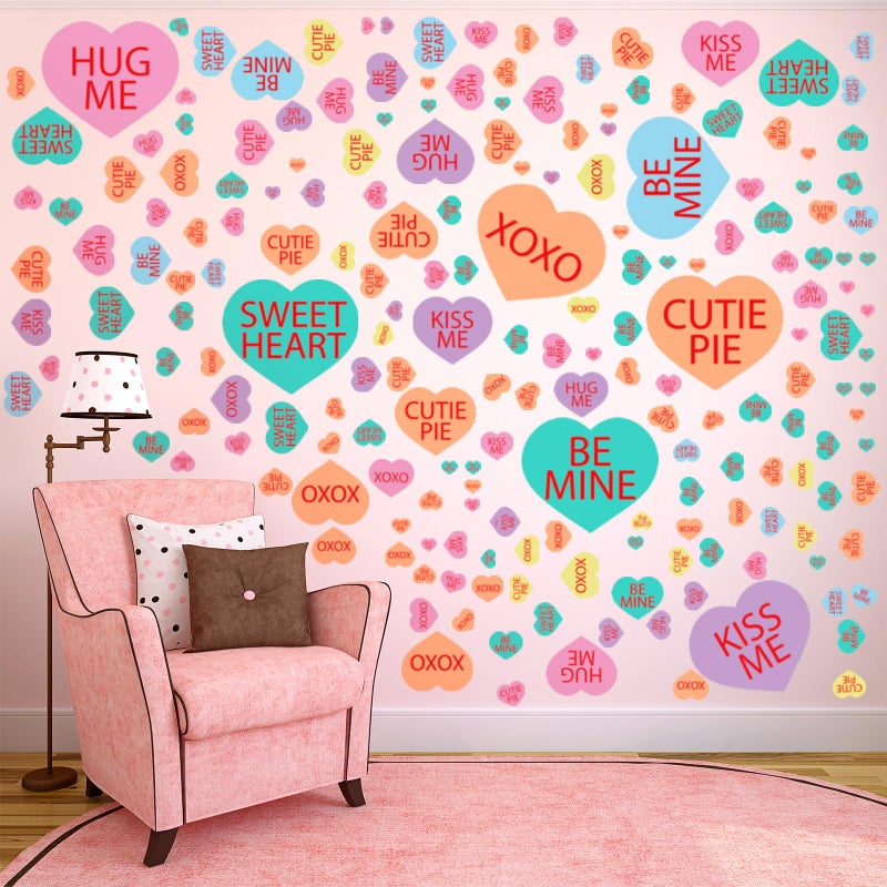 ReliThick 6 Sheets/ 199 Pcs Valentine's Day Wall Decals Removable Love Heart Wall Stickers Conversation Heart Window Stickers Anniversary Romantic Decoration for Wedding Home Party Decor (Romantic) - Image 1