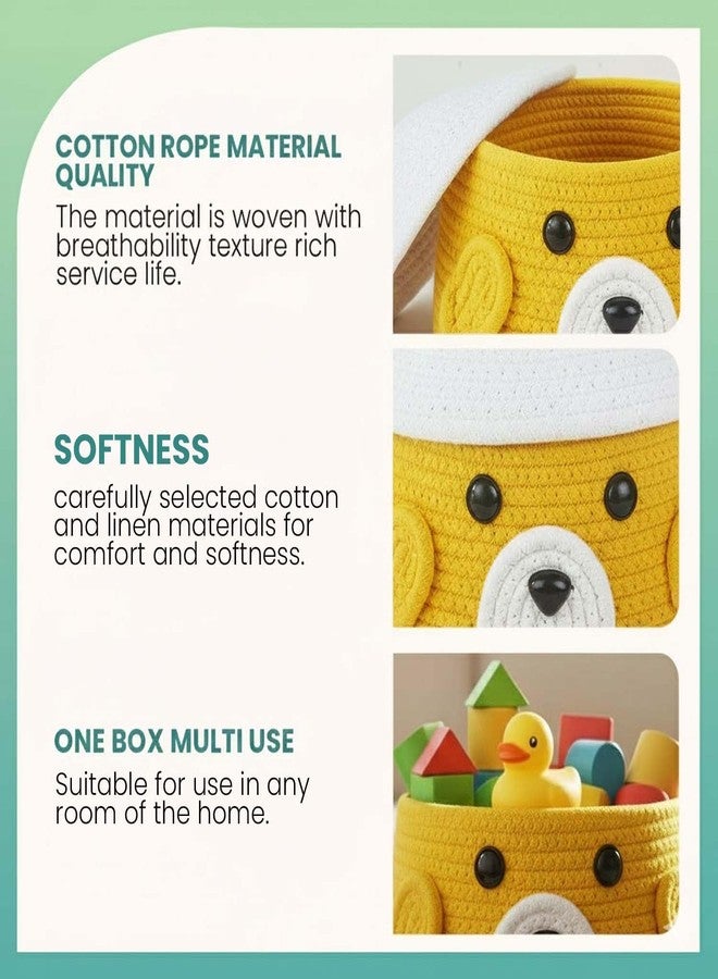 BIANCO Cute Animal Face Rope Storage Basket with Lid for Kids | Premium Yellow Cotton Rope Nursery Organizer for Toys, Baby Essentials, Bathroom & Home Décor | Soft & Durable Handcrafted Basket - Image 2